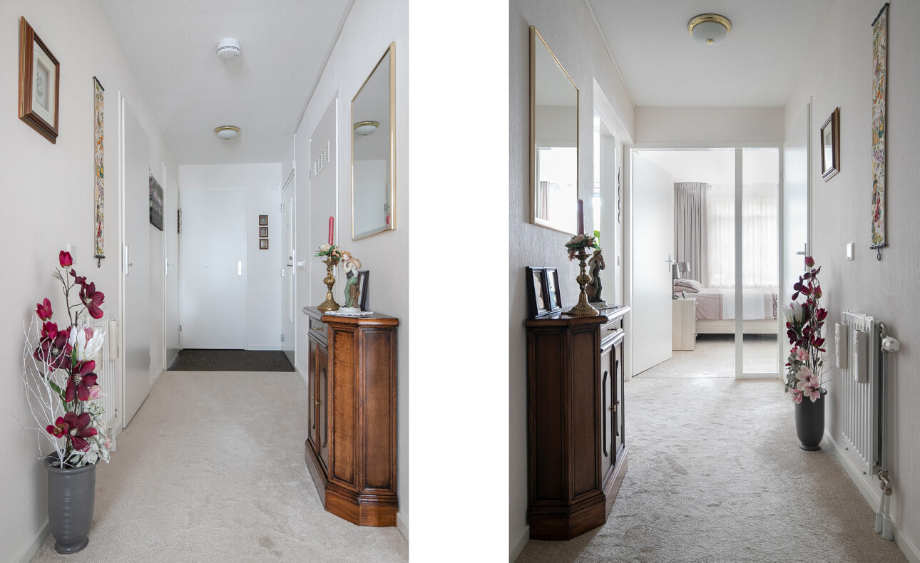 Twee foto's van een lichte gang met een houten kast, bloemen in een vaas en een spiegel aan de muur, leidend naar een slaapkamer.