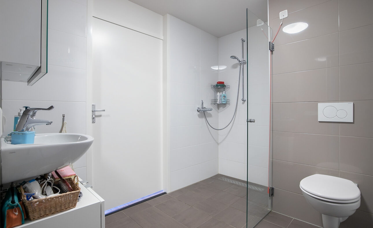 Moderne badkamer met inloopdouche, wastafel met spiegel, en hangend toilet. Neutrale kleuren en strakke afwerking.