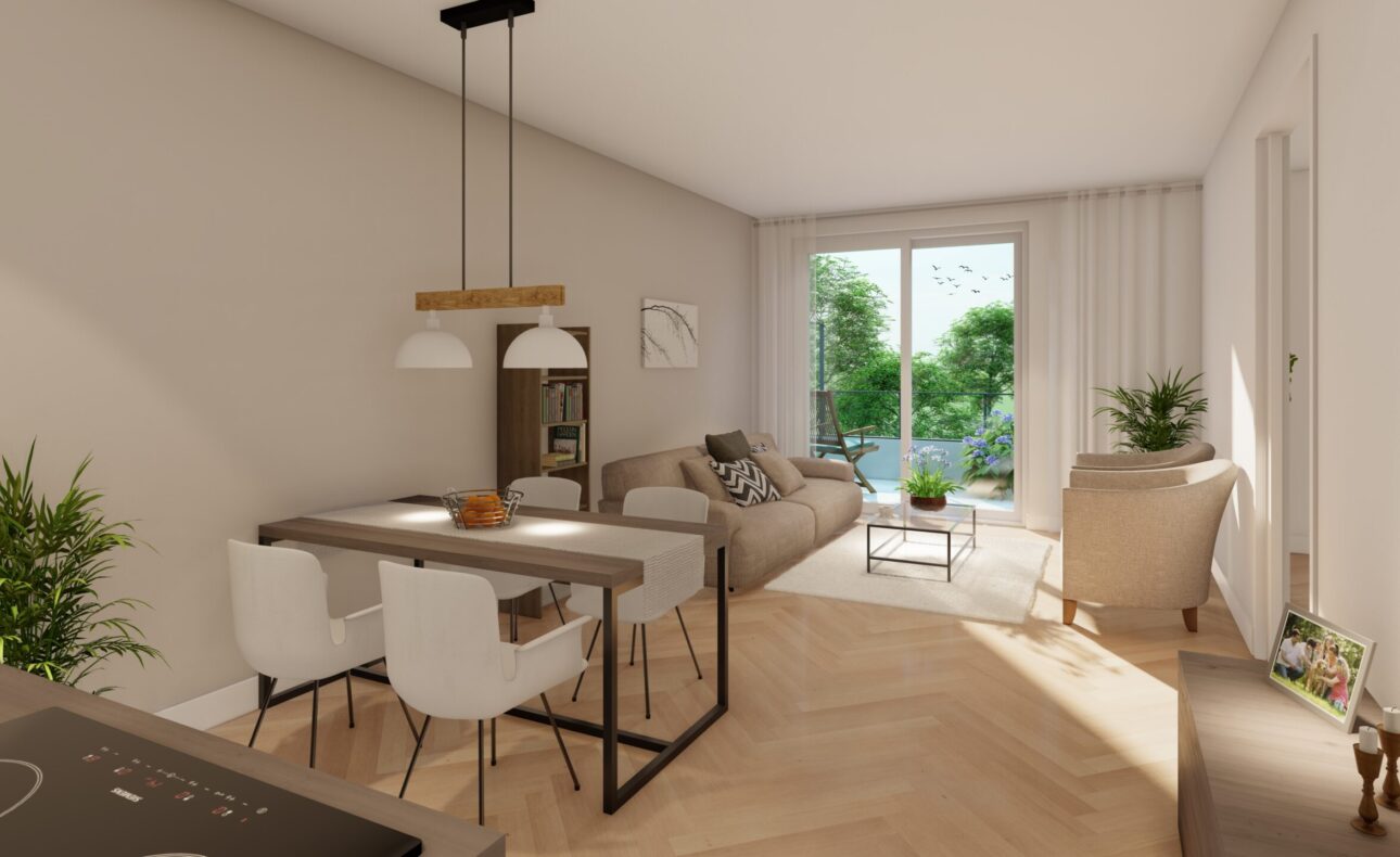 Een moderne woonkamer met een eettafel, stoelen, een bank en een fauteuil. Grote ramen bieden uitzicht op een groene tuin.