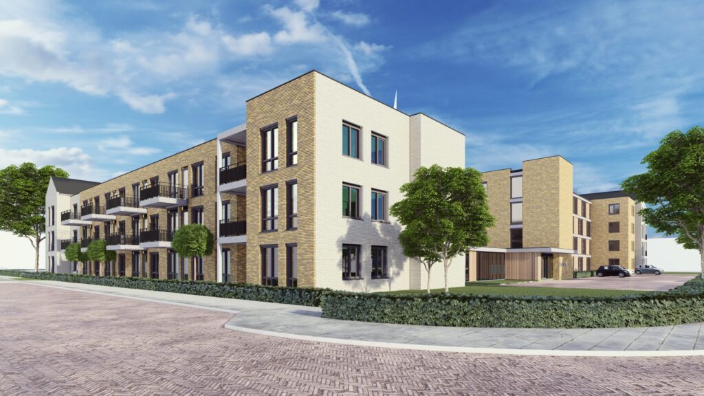 Afbeelding van een modern, drie verdiepingen tellend gebouw met bakstenen gevels en balkons, omgeven door bomen en een parkeerplaats.