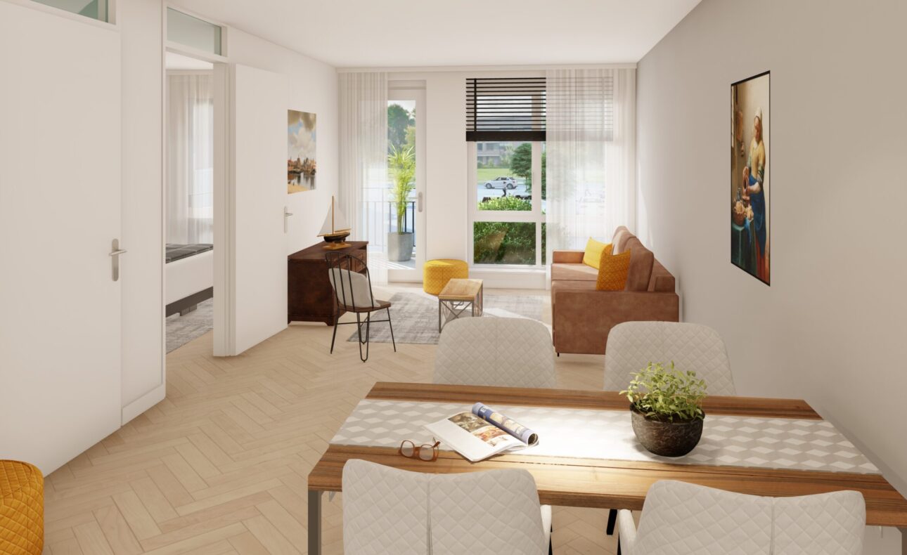 Een moderne woonkamer met een eettafel, stoelen, een bank en een groot raam dat uitzicht biedt op een groene buitenomgeving.