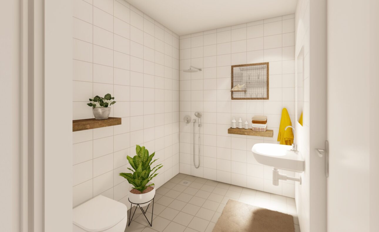 Een moderne badkamer met witte tegels, een wastafel, een toilet, planten en decoratieve elementen op houten planken.