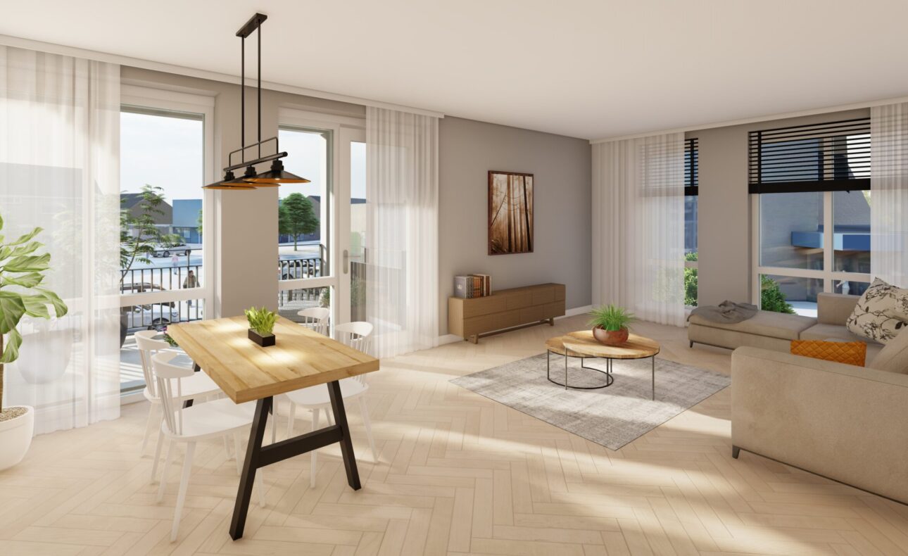 Woonkamer met moderne inrichting, houten tafel, beige bank, grote ramen met gordijnen en uitzicht op een balkon met planten.