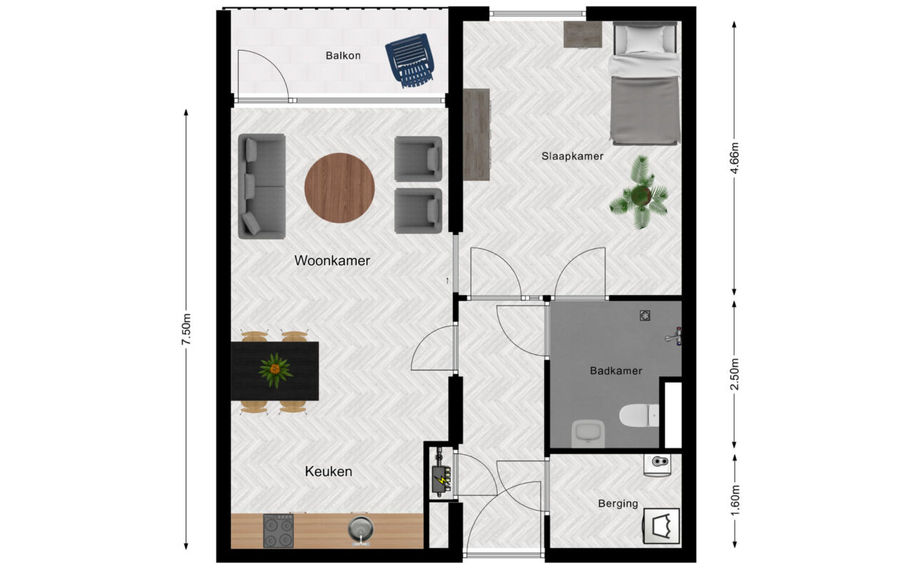 Plattegrond van een appartement met woonkamer, keuken, slaapkamer, badkamer en balkon. Afmetingen zijn aangegeven.