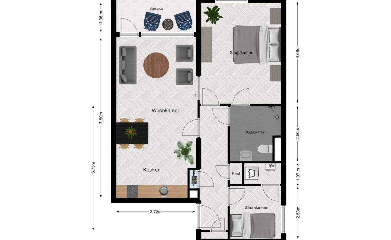 Plattegrond van een appartement met woonkamer, keuken, twee slaapkamers, badkamer en balkon. Afmetingen zijn aangegeven.
