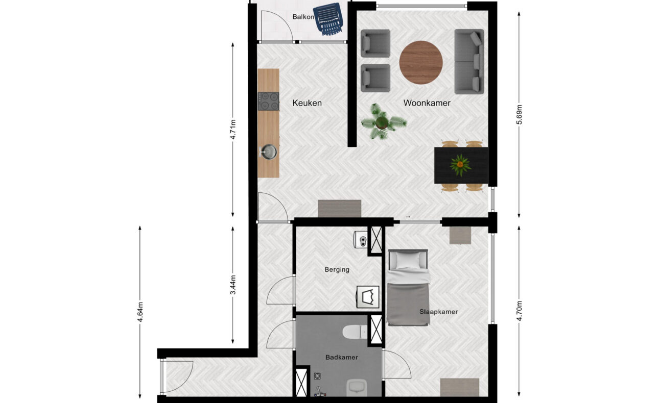 Plattegrond van een appartement met keuken, woonkamer, badkamer, berging en slaapkamer. Afmetingen zijn aangegeven.