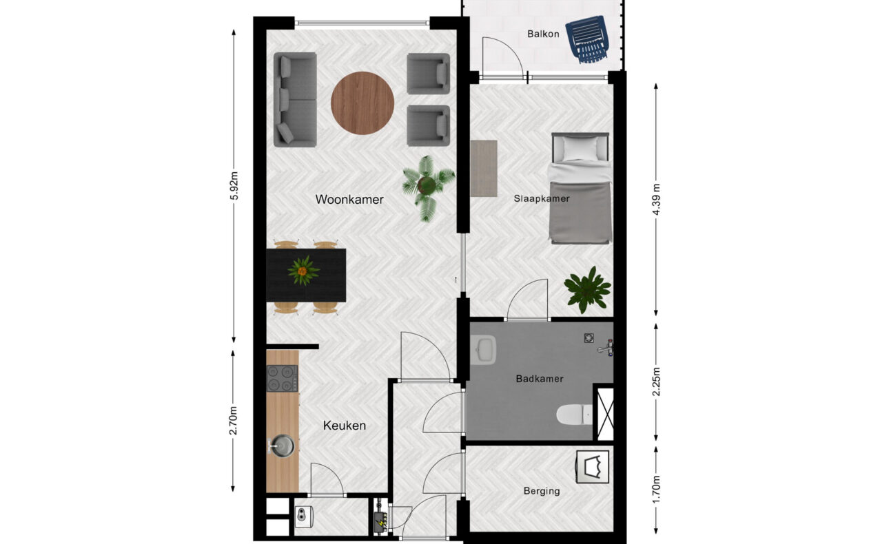 Plattegrond van een appartement met woonkamer, keuken, slaapkamer, badkamer en balkon. Afmetingen zijn aangegeven.