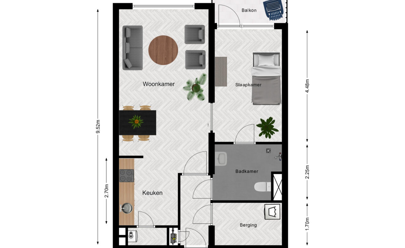 Plattegrond van een appartement met woonkamer, keuken, slaapkamer, badkamer en balkon. Meubilair en afmetingen zijn aangegeven.