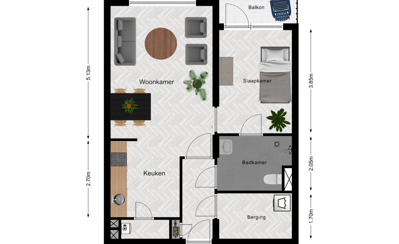 Plattegrond van een appartement met woonkamer, keuken, slaapkamer, badkamer en balkon. Meubels en afmetingen zijn aangegeven.