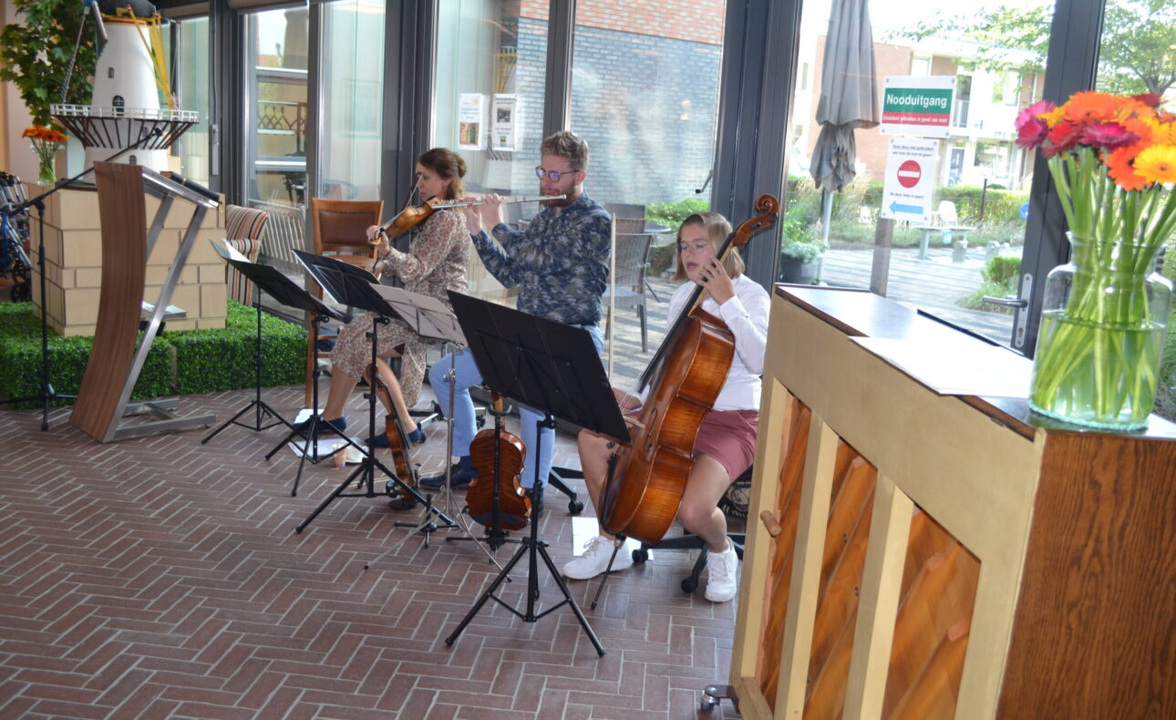 Drie muzikanten spelen viool, cello en harp in een lichte ruimte met grote ramen. Op de voorgrond staat een piano.