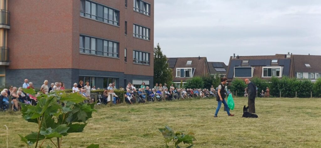 Groep mensen zit buiten op stoelen voor een gebouw, terwijl twee personen op een grasveld voor hen lopen met een hond.