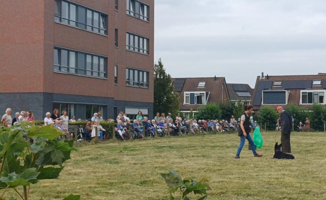 Groep mensen zit buiten op stoelen voor een gebouw, terwijl twee personen op een grasveld voor hen lopen met een hond.