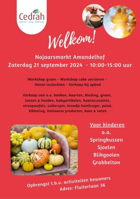 Alt-tekst: Uitnodiging voor de najaarsmarkt Amandelhof op 21 september 2024, met workshops en activiteiten voor kinderen.