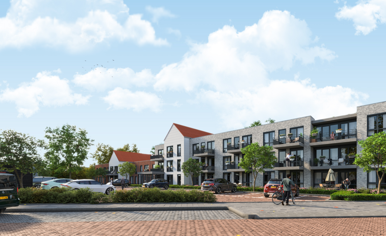 Moderne appartementencomplexen met rode daken en balkons, omgeven door bomen en geparkeerde auto's onder een blauwe hemel.
