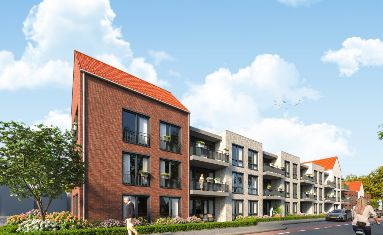 Afbeelding van een modern appartementencomplex met rode daken en bakstenen gevels, gelegen aan een rustige straat met bomen.