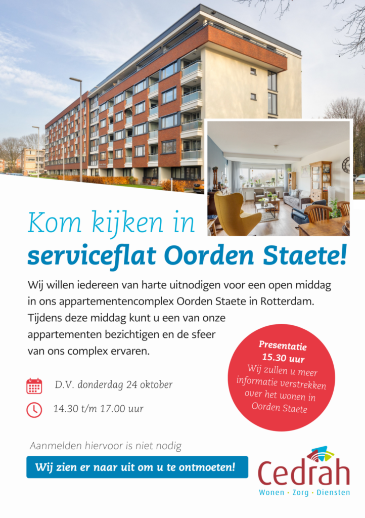 Affiche voor een open middag in appartementencomplex Oorden Staete in Rotterdam, met datum en tijd van het evenement.