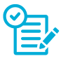 Afbeelding van een blauw pictogram met een vergrootglas, een checklist en een potlood, symbool voor onderzoek of analyse.