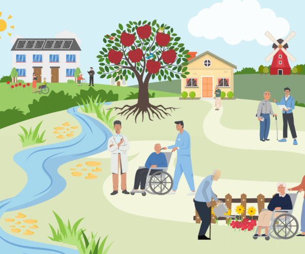 Het strategisch plan van Cedrah voor de periode 2025-2028 wordt geïllustreerd middels de Cedrah-boom, een verzorgingstehuis, molen, zelfstandig wonen, ouderen, zorgverleners en netwerk.