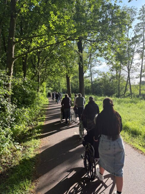 Ouderen in rolstoelen worden geduwd over een fietspad met bomen erlangs.