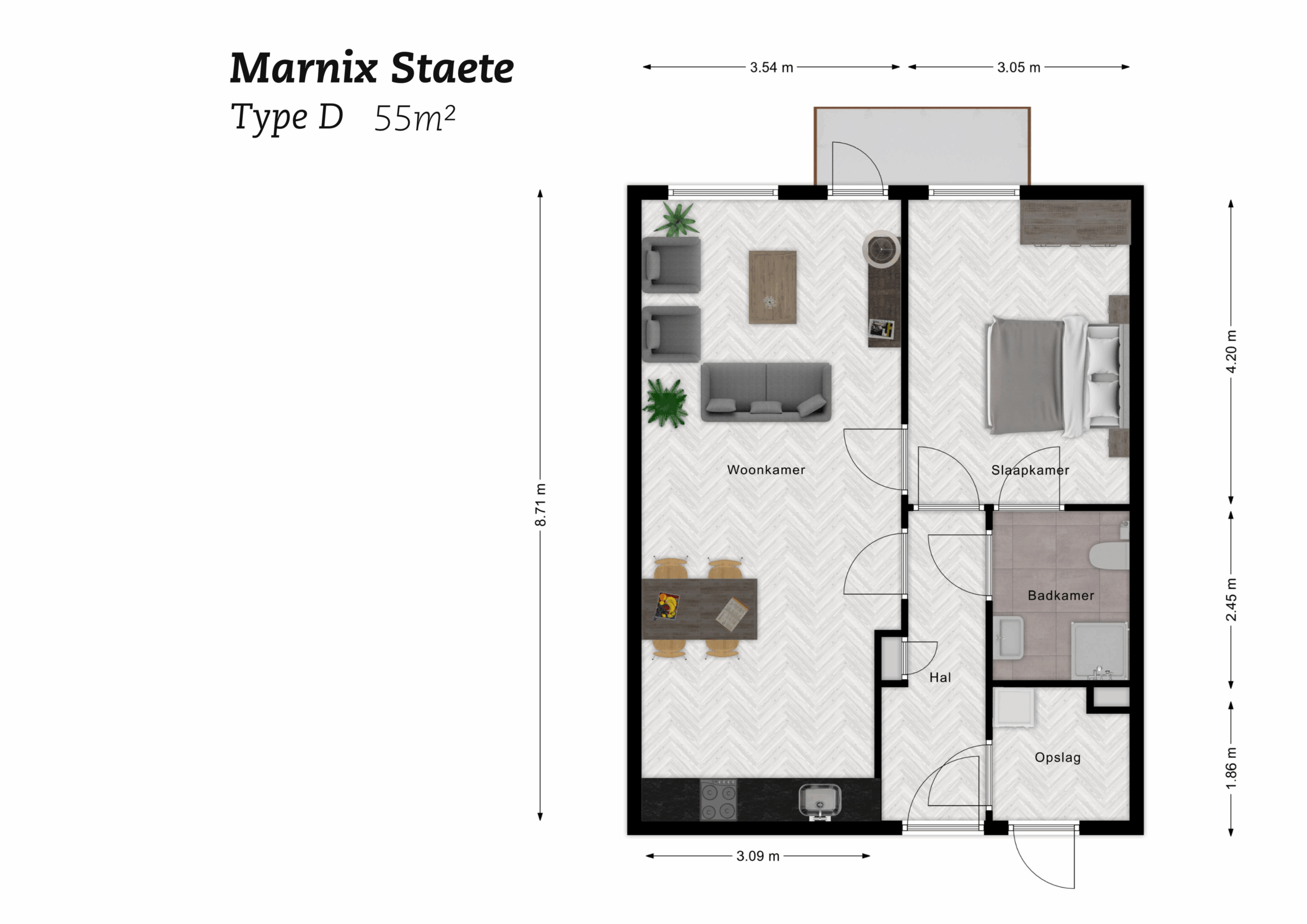Plattegrond Marnix Staete Type D, 55m2