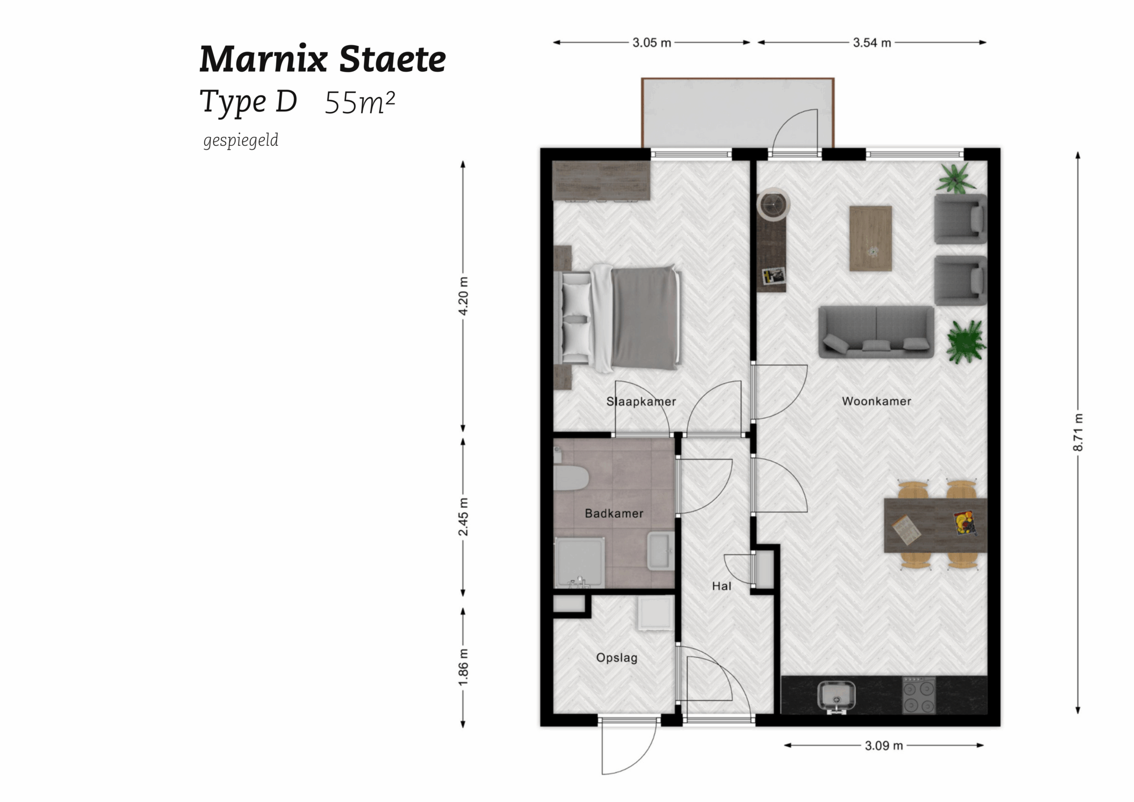 Plattegrond Marnix Staete Type D Gespiegeld, 55m2