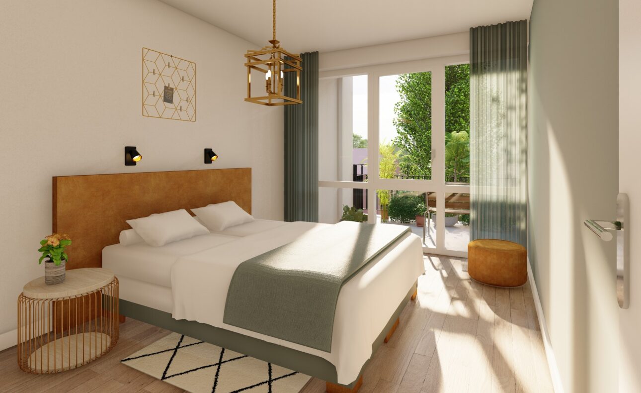 Op de afbeelding is een slaapkamer van één van de appartementen te zien. Midden in de kamer staat een tweepersoonsbed. De slaapkamer heeft grote, hoge ramen waardoor er veel licht binnenvalt. Aangrenzend aan de slaapkamer ligt het balkon.