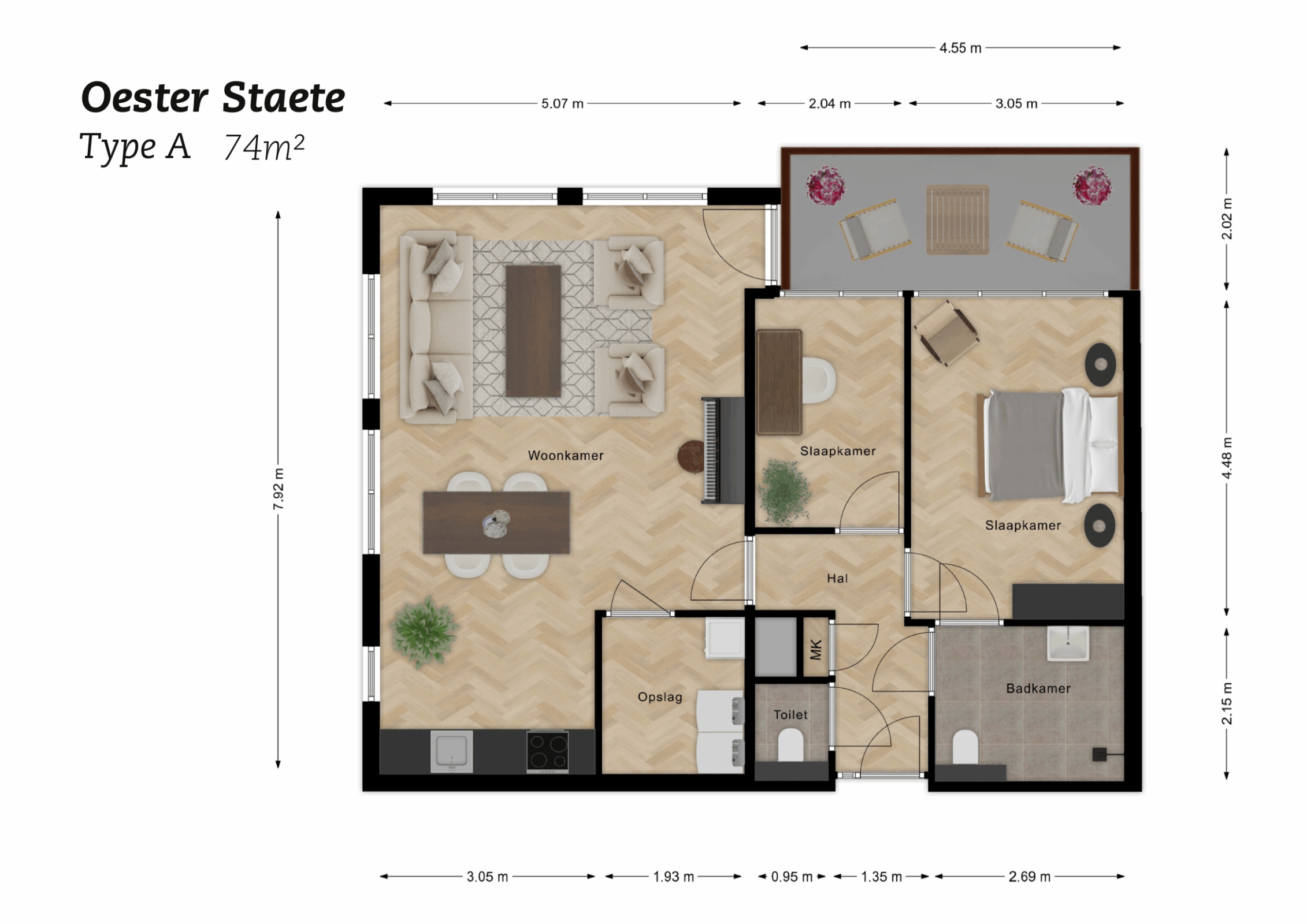 Plattegrond Oester Staete Type A, 74m2