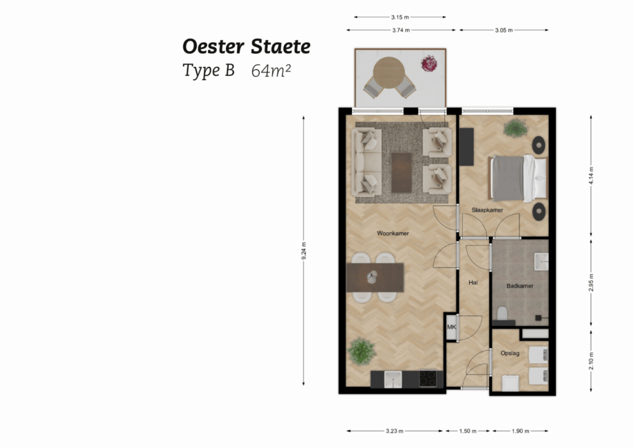Plattegrond Oester Staete Type B, 64m