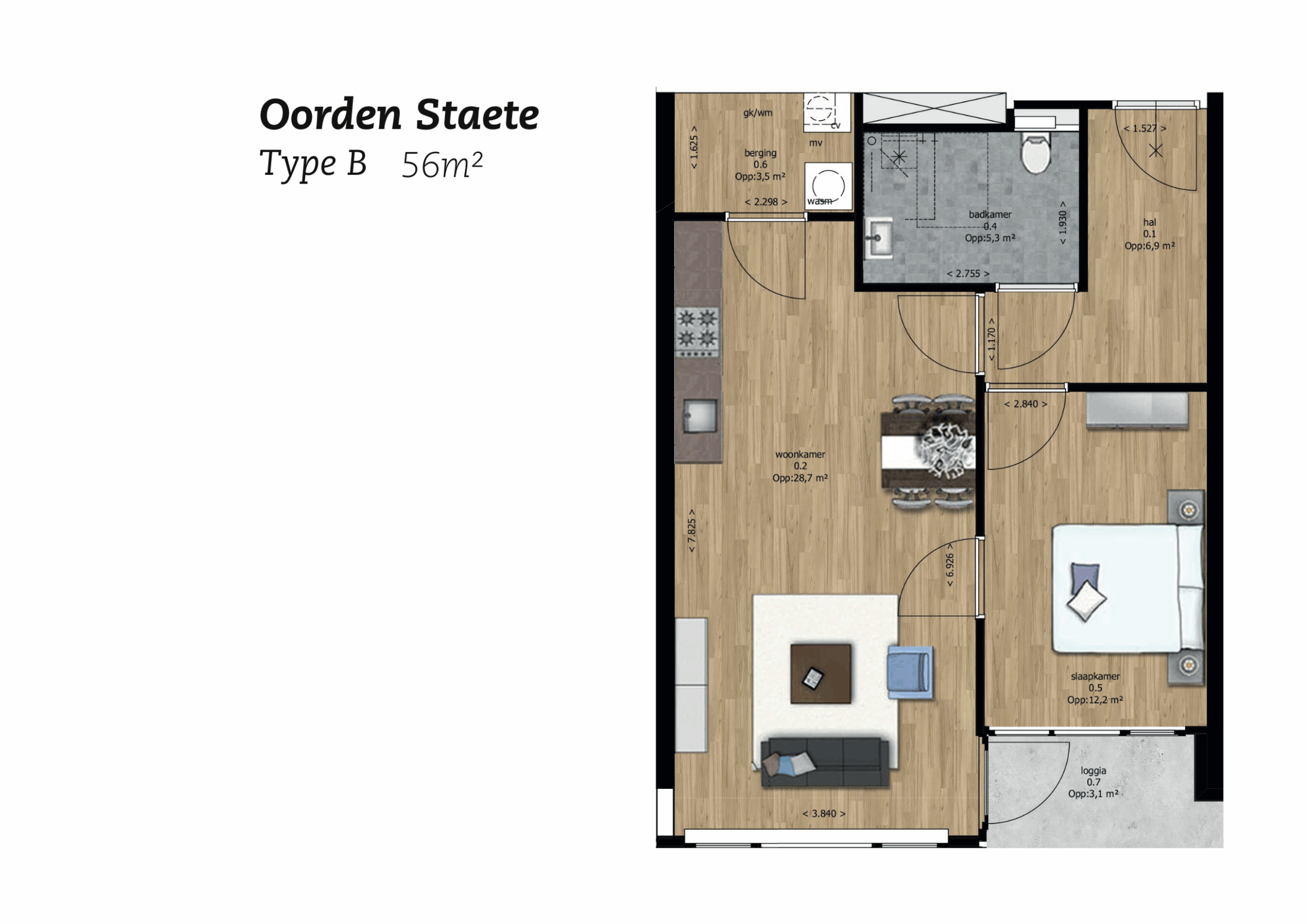 Plattegrond Oorden Staete Type B, 56m2