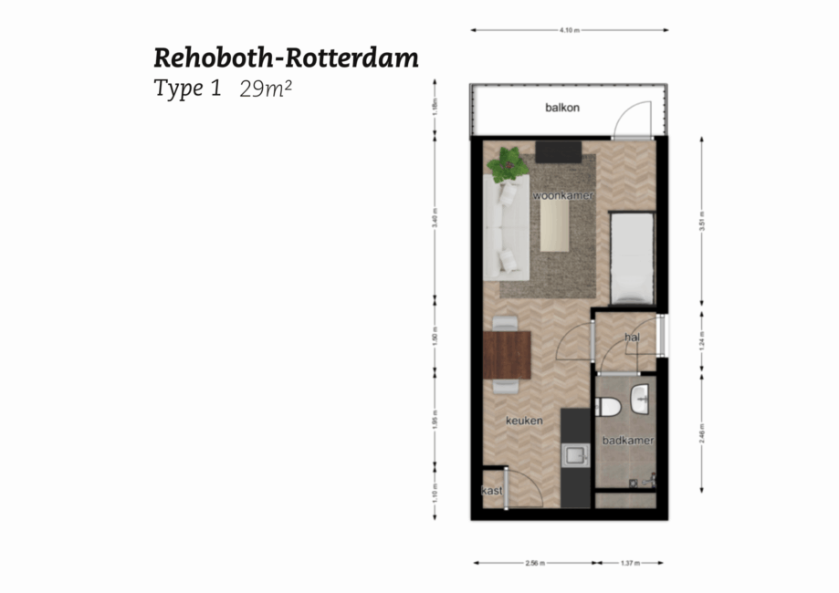 Plattegrond Rehoboth Rotterdam Type 1, 29m2