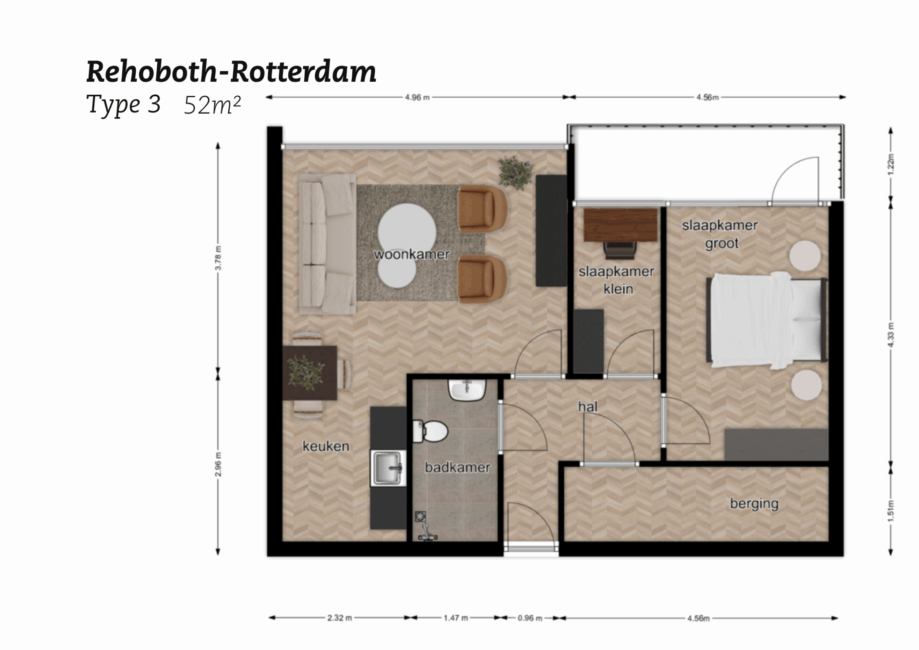 Plattegrond Rehoboth Rotterdam Type 3, 52m2