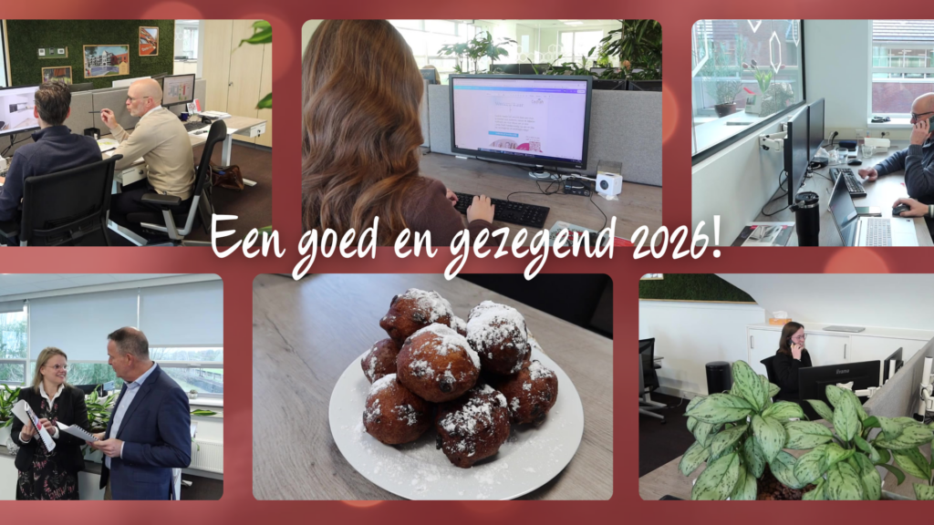 Afbeelding voor video met nieuwjaarsboodschap. Te zien zijn collega's, oliebollen en een kantoor.