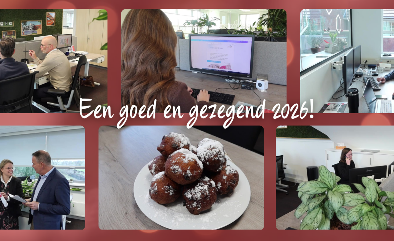 Afbeelding voor video met nieuwjaarsboodschap. Te zien zijn collega's, oliebollen en een kantoor.