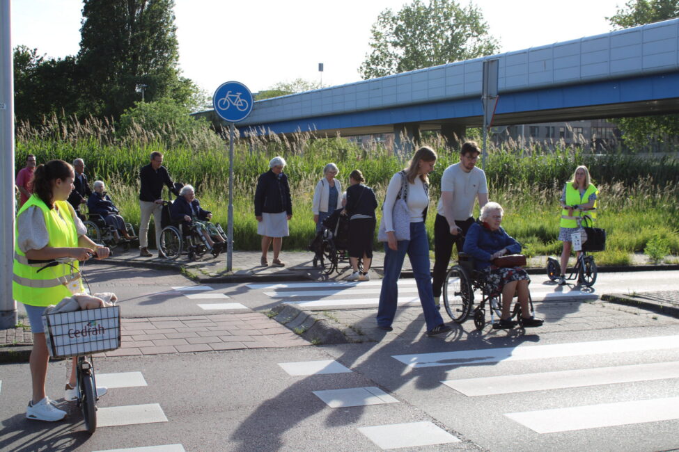 Mensen met ouderen in rolstoelen steken een weg over.