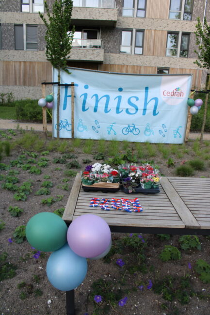 Een tafel met plantjes en ballonnen en een spandoek met 'finish'