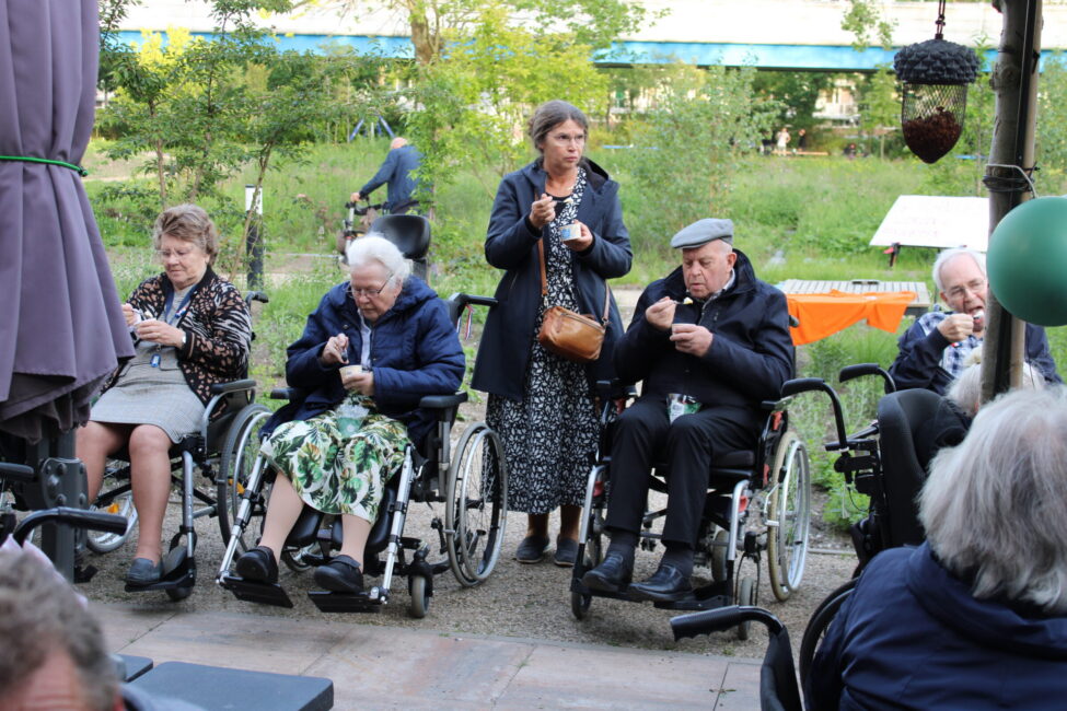 Ouderen in rolstoelen eten buiten ijs
