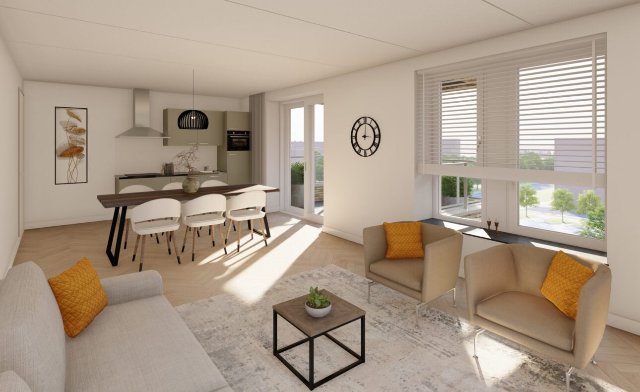 Op deze foto is de woonkamer van type E te zien.