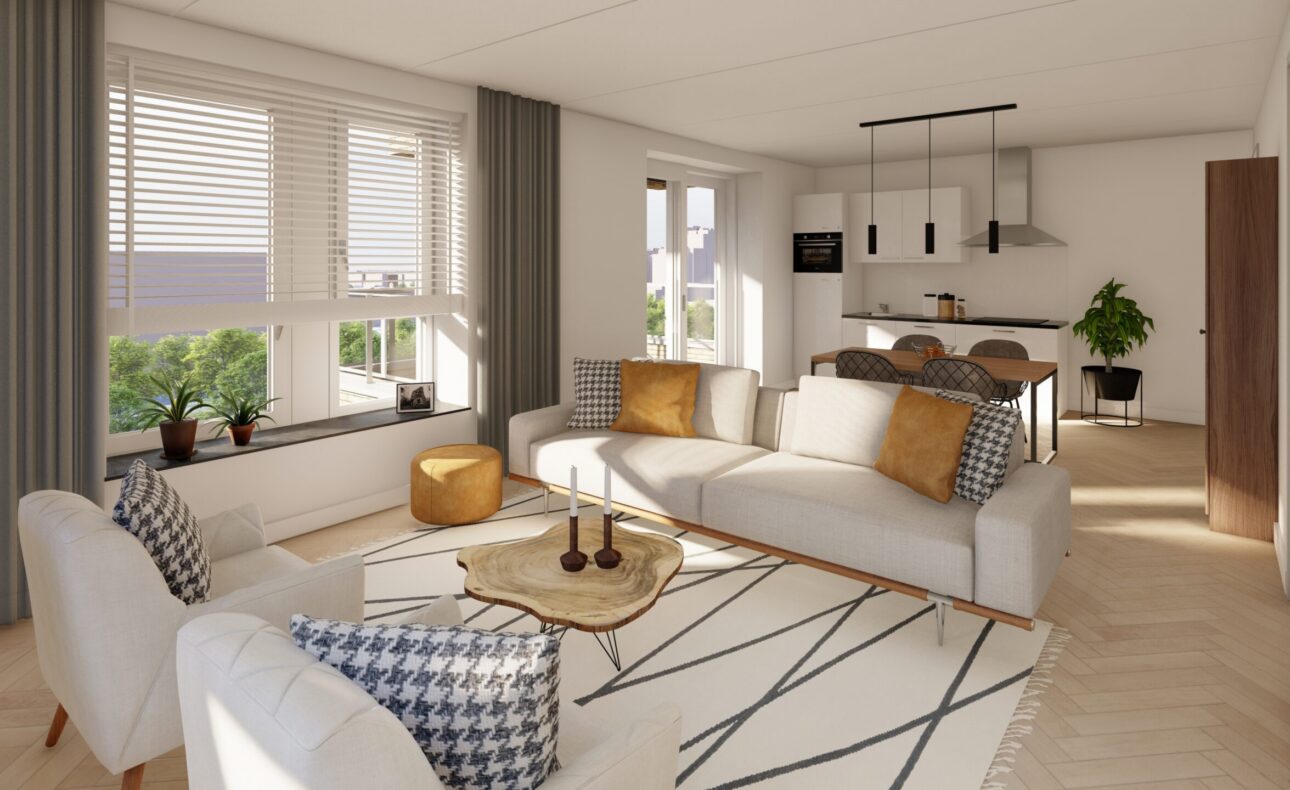 Op deze foto is de woonkamer van type F te zien.